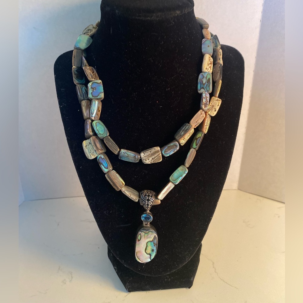 Abalone Shell Double Strand Necklace with Pendant - Natural Green Blue